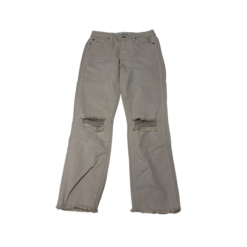 NWT 7 For All Mankind Ankle Straight Jeans Tan Khaki Distressed Raw Womens 24X25